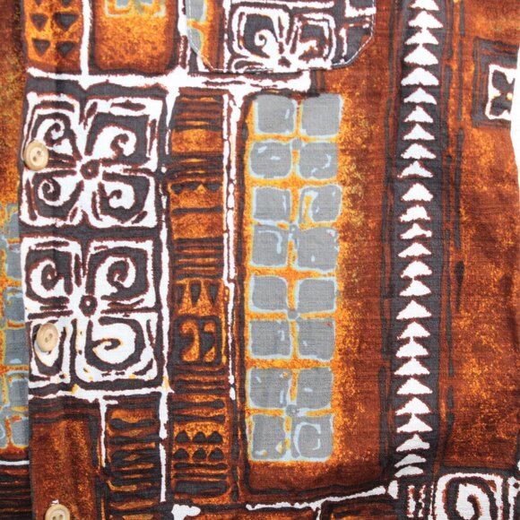 Vintage 90's Montgomery Ward XL Tapa Cloth Brown Tiki Hawaiian Tribal Shirt - Picture 5 of 9